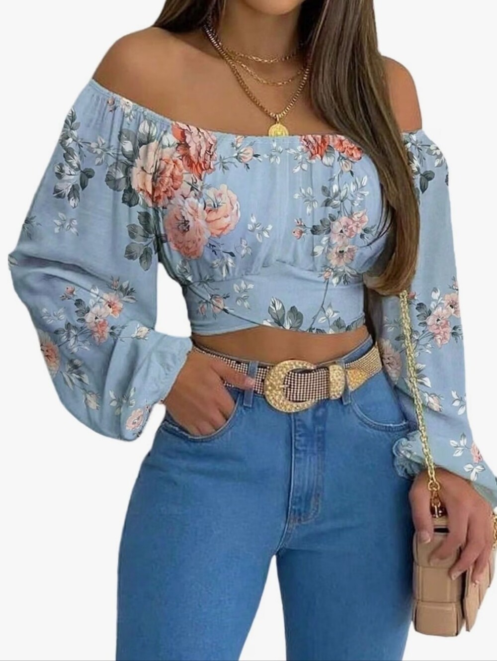 Women’s Off-Shoulder Floral Crop Top - Light Blue